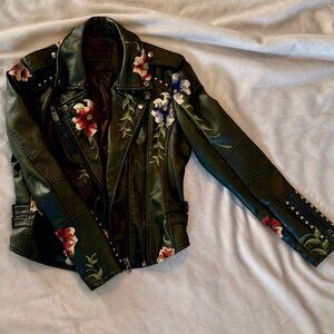 BLANK NYC Faux Leather Moto Jacket with Floral Emboridery and studs size Small
